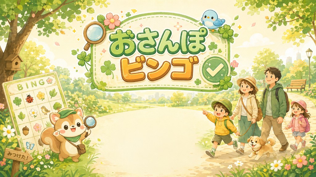 お散歩ビンゴのタイトルイラスト。公園を歩く家族、リスのマスコット、自然モチーフのビンゴカードの水彩風バナー。